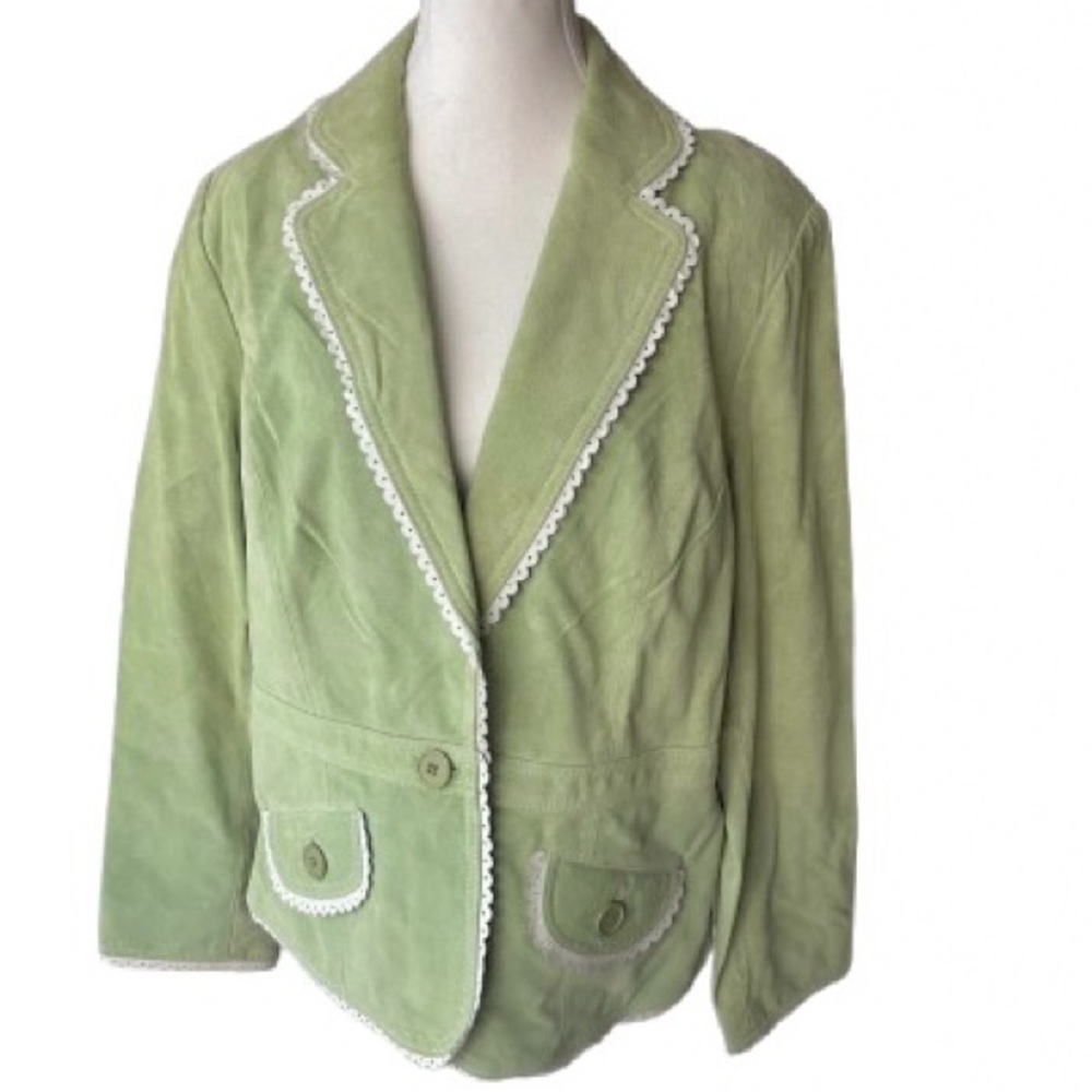 Vintage Suede Leather Green & White Jacket Blazer Designer 80s 90s Large Boho